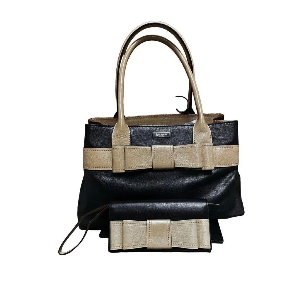 Kate Spade Black & Taupe Leather Elena Shoulder Bag & Wallet/Wristlet